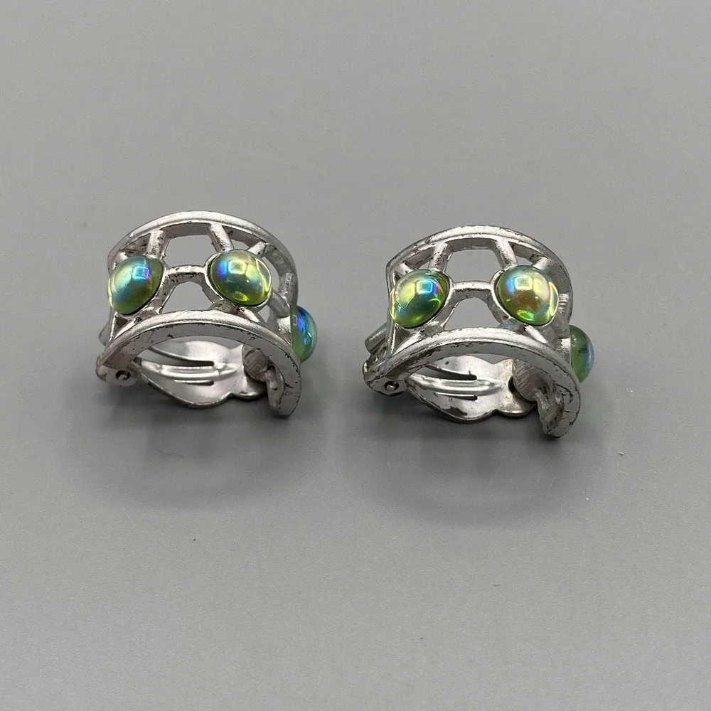 Givenchy Silver Tone Hoop Clip Earrings Vintage Iridescent Art‎ Glass Huggie